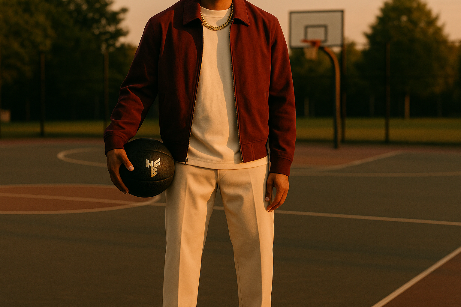 Person holding a basketball on an outdoor court at sunset