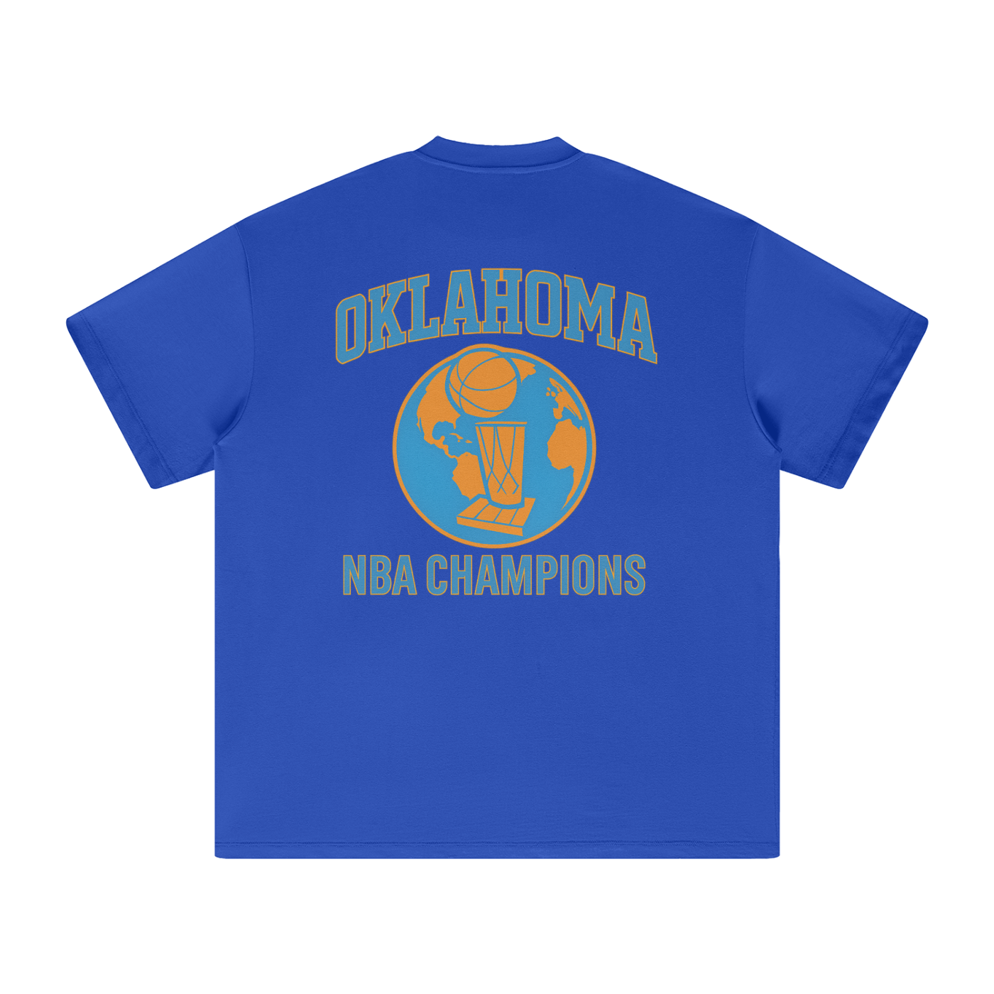 Blue t-shirt with 'Oklahoma NBA Champions' text and graphic on a white background