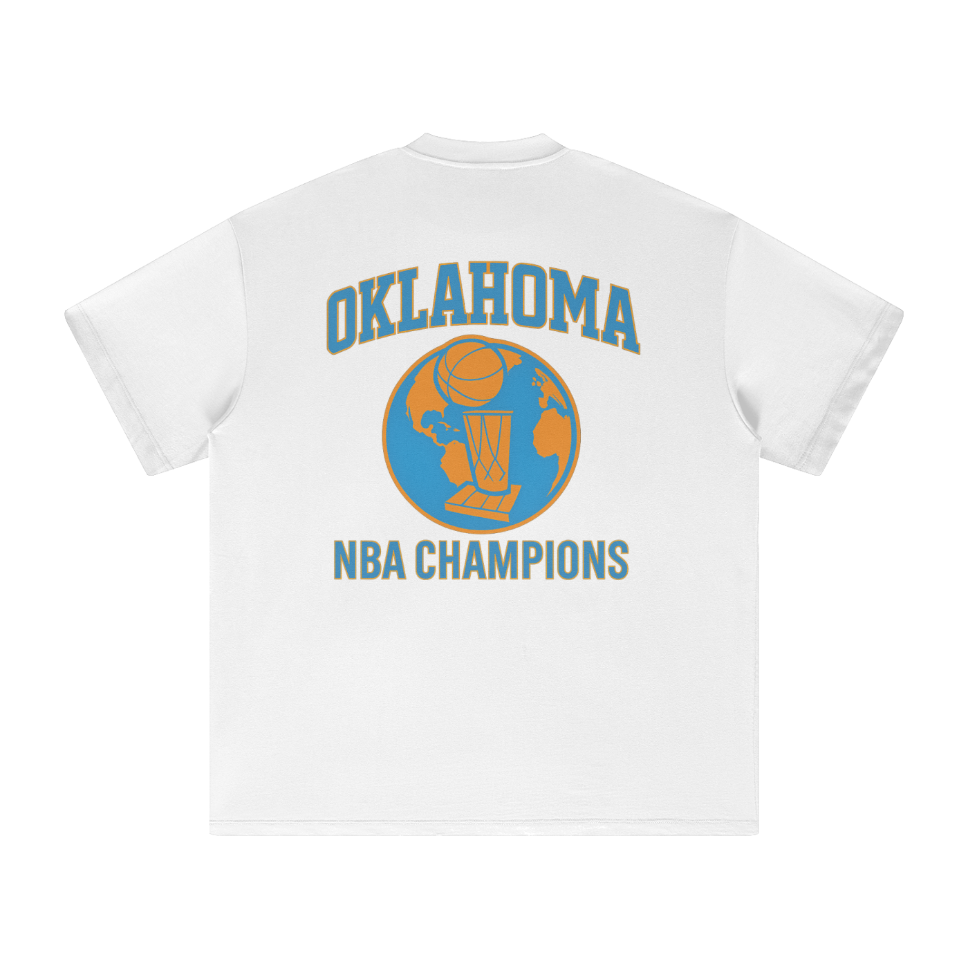 White t-shirt with 'Oklahoma NBA Champions' design on a white background