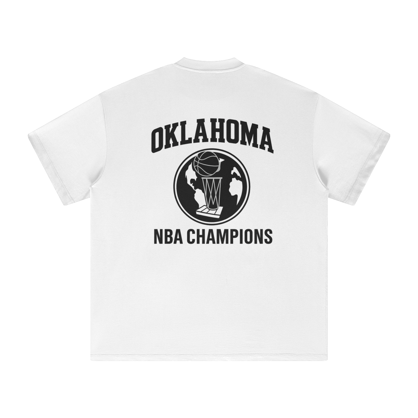 White t-shirt with black OKC graphics and text on a white background