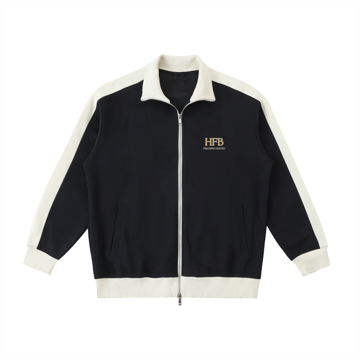 HFB Prestige Track Jacket – Retro Athletic Zip Jacket – Cream & Navy with Gold HFB Logo