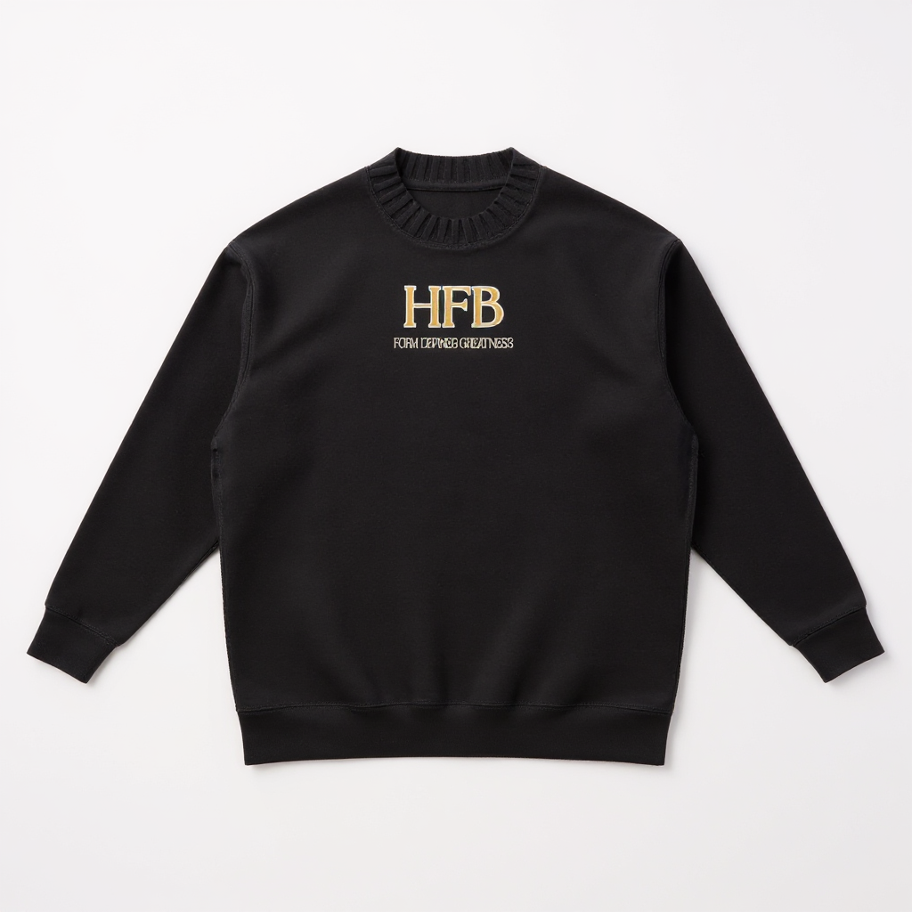 Black sweatshirt with 'HFB' logo on a white background