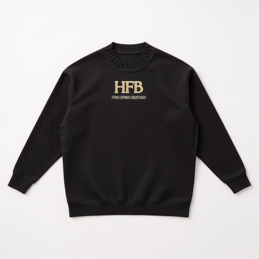 Black sweatshirt with 'HFB' logo on a white background