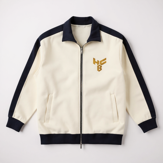 HFB Prestige Track Jacket – Retro Athletic Zip Jacket – Cream & Navy with Gold HFB Logo