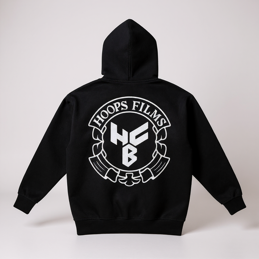 Black hoodie with 'Hoops Films HFB' logo on a light gray background, Chrome Heart Hoodie Style